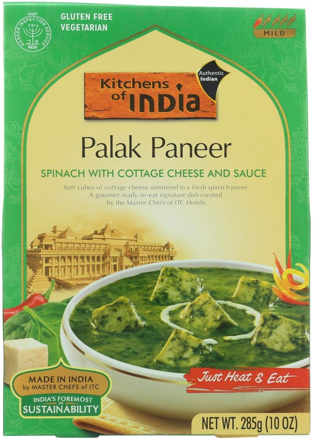 Kitchen Of India Dinner - Spinach with Cottage Cheese and Sauce - Palak Paneer - 10 oz - case of 6 -