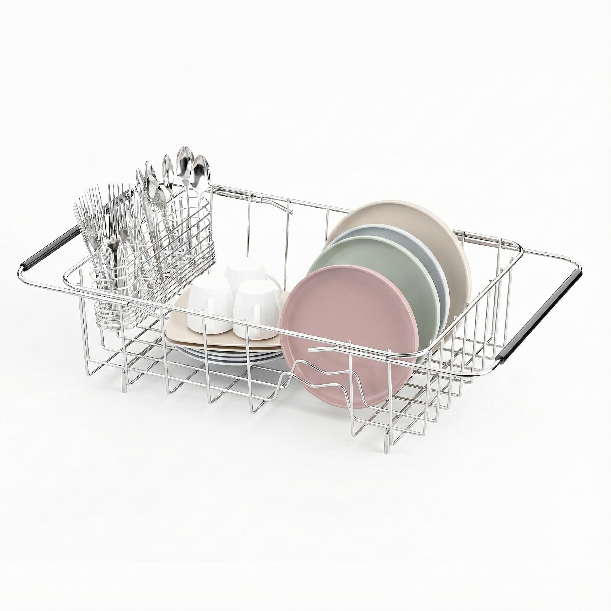JAQ Dish Drainer in Sink Adjustable 14.96" to 20.59", Expandable 304 Stainless Steel Metal Dish Drying Rack Organizer with Stainless Steel Utensil Holder Over Inside Sink Counter