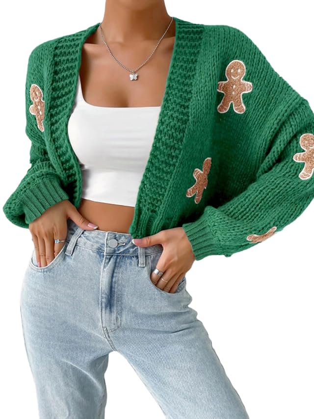 Apvirdy Womens Gingerbread Sweater Cartoon Print Open Front Cardigan Drop Shoulder Christmas Cropped Cardigan Outerwear
