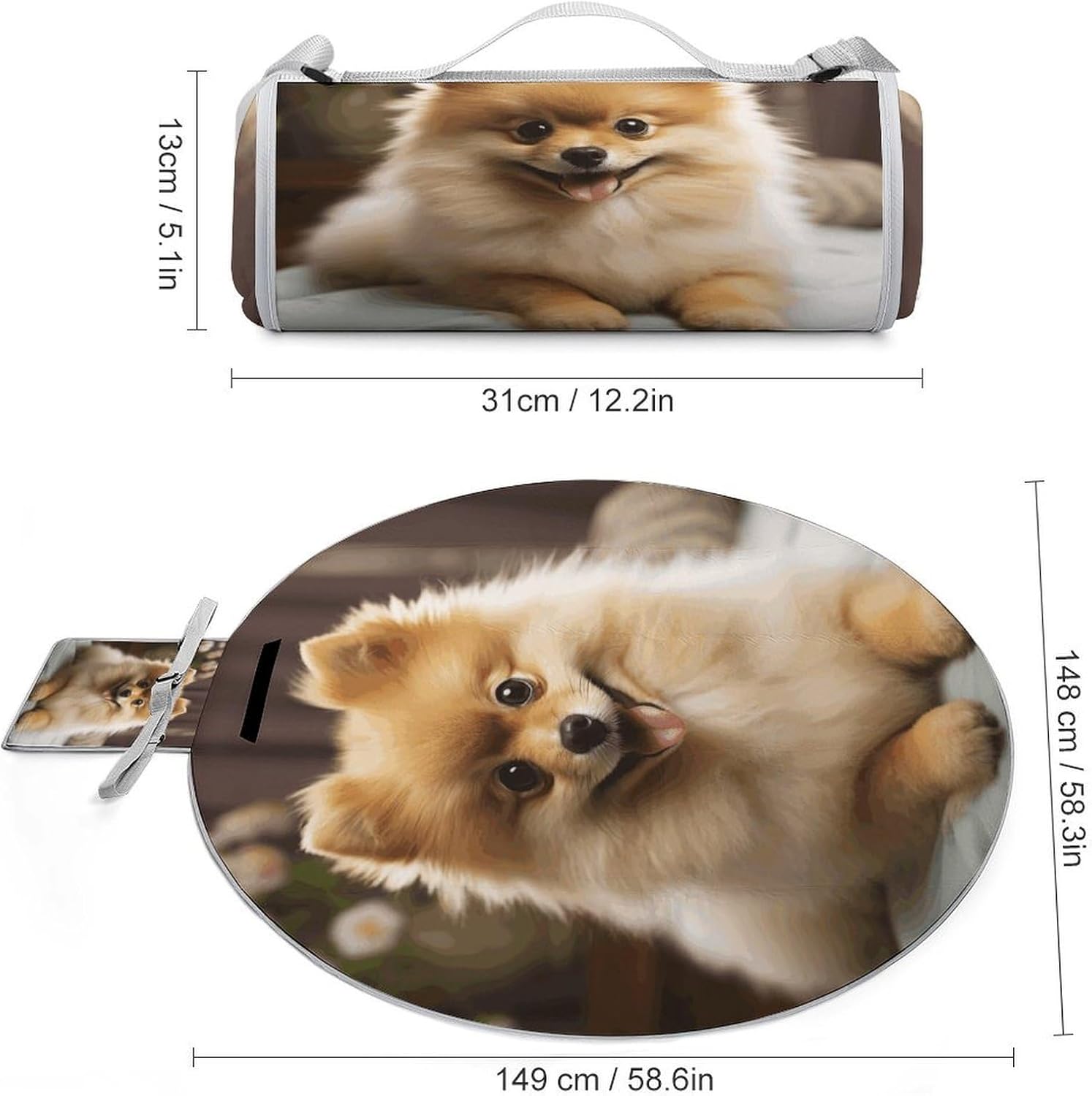 Cute Pomeranian Dog Picnic Mat Lightweight Waterproof Picnic Blankets Extra Large Picnic Outdoor Blankets Foldable Sandproof Beach Blanket for Park Beach Camping Courtyard 58.3''x58.3''