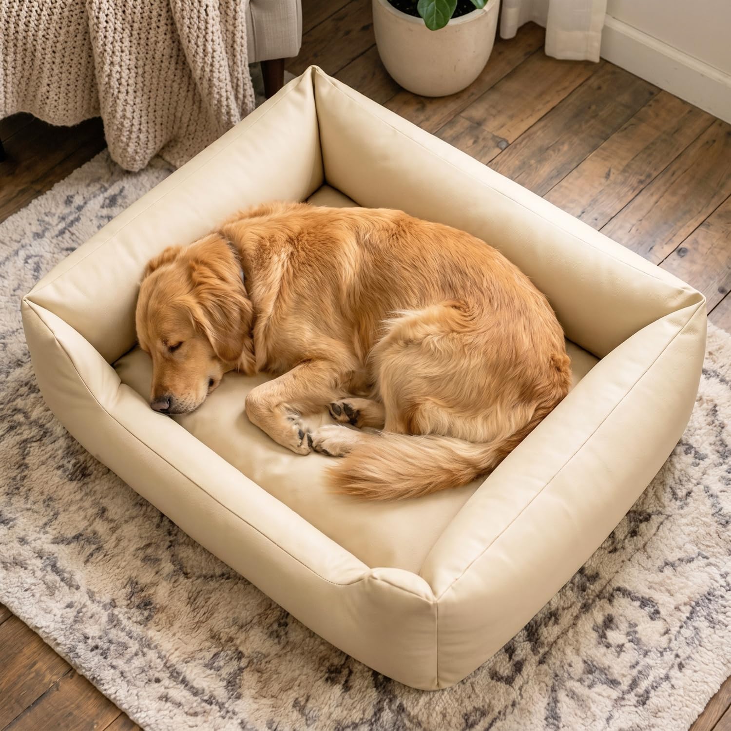 4L Textil Mario Cama Perro Ortopédica Polipiel Memory Foam Viscoelástica Impermeable Resistente Fácil de Limpiar Perros Grandes Premium 120x90 Beige