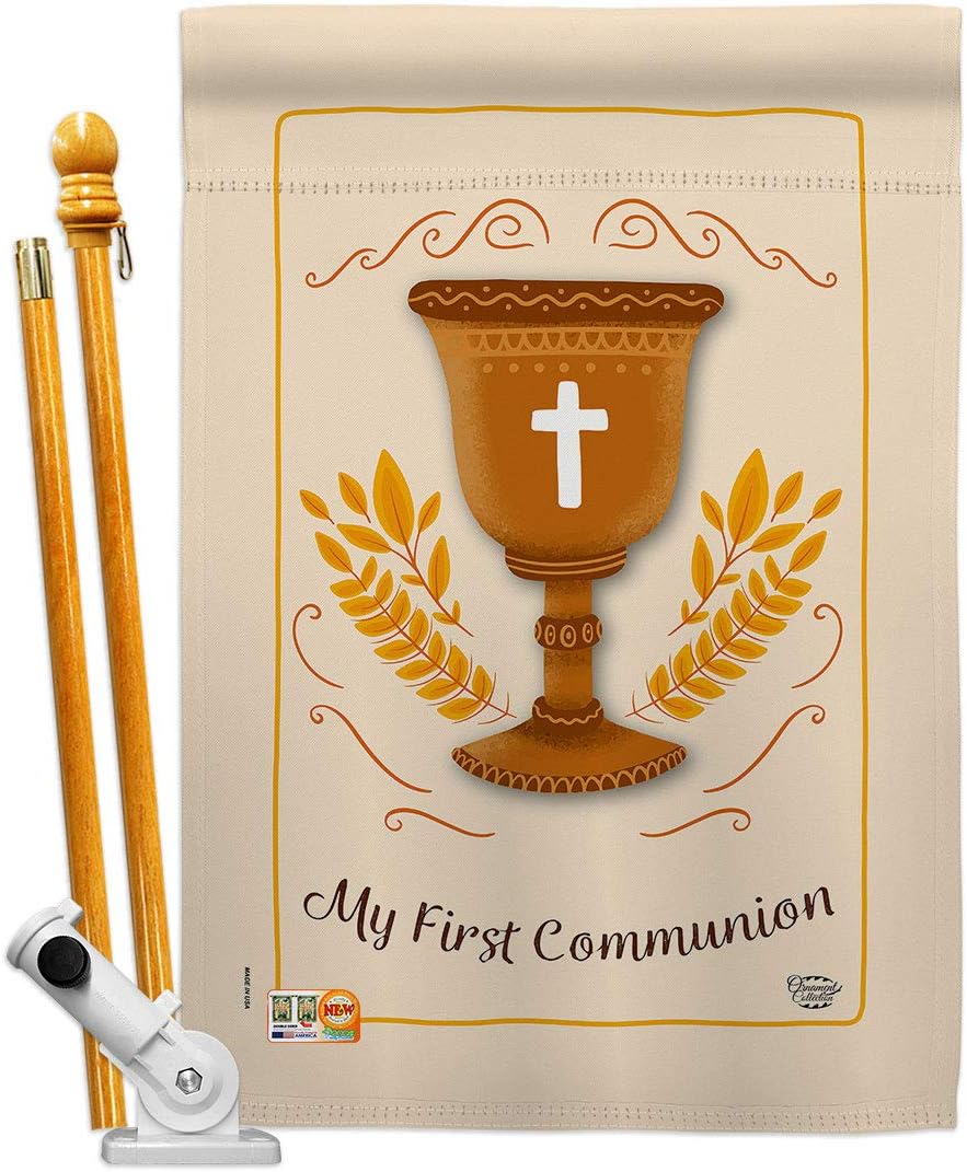 My First Communion Garden House Flags Set Religious Cross Chalice Holy Eucharist Christian Religion Tradition Small Decorative Gift Yard Banner Made In USA 28 X 40