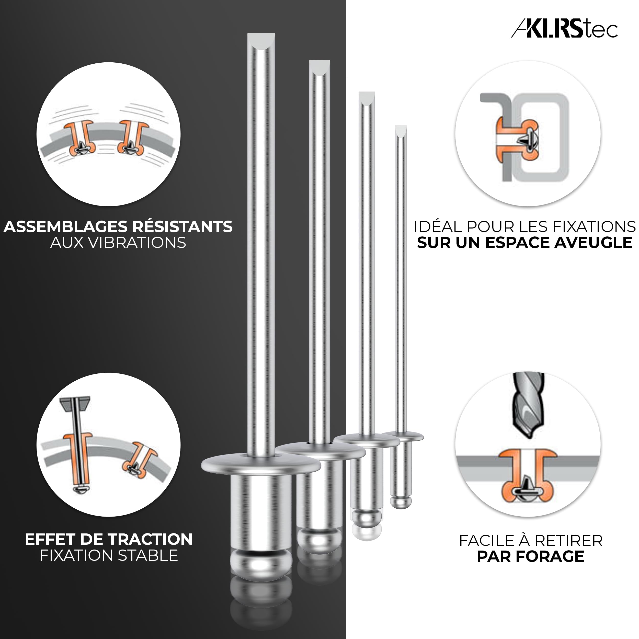 KLRStec Professional Kit de Rivets Aveugles [500pcs] Aluminium/Acier Kit d'Assortiment de Rivets Pop pour Pince a Rivet Pop 125 Pièces de chaque taille (2,4mm, 3,2mm, 4,0mm et 4,8mm)