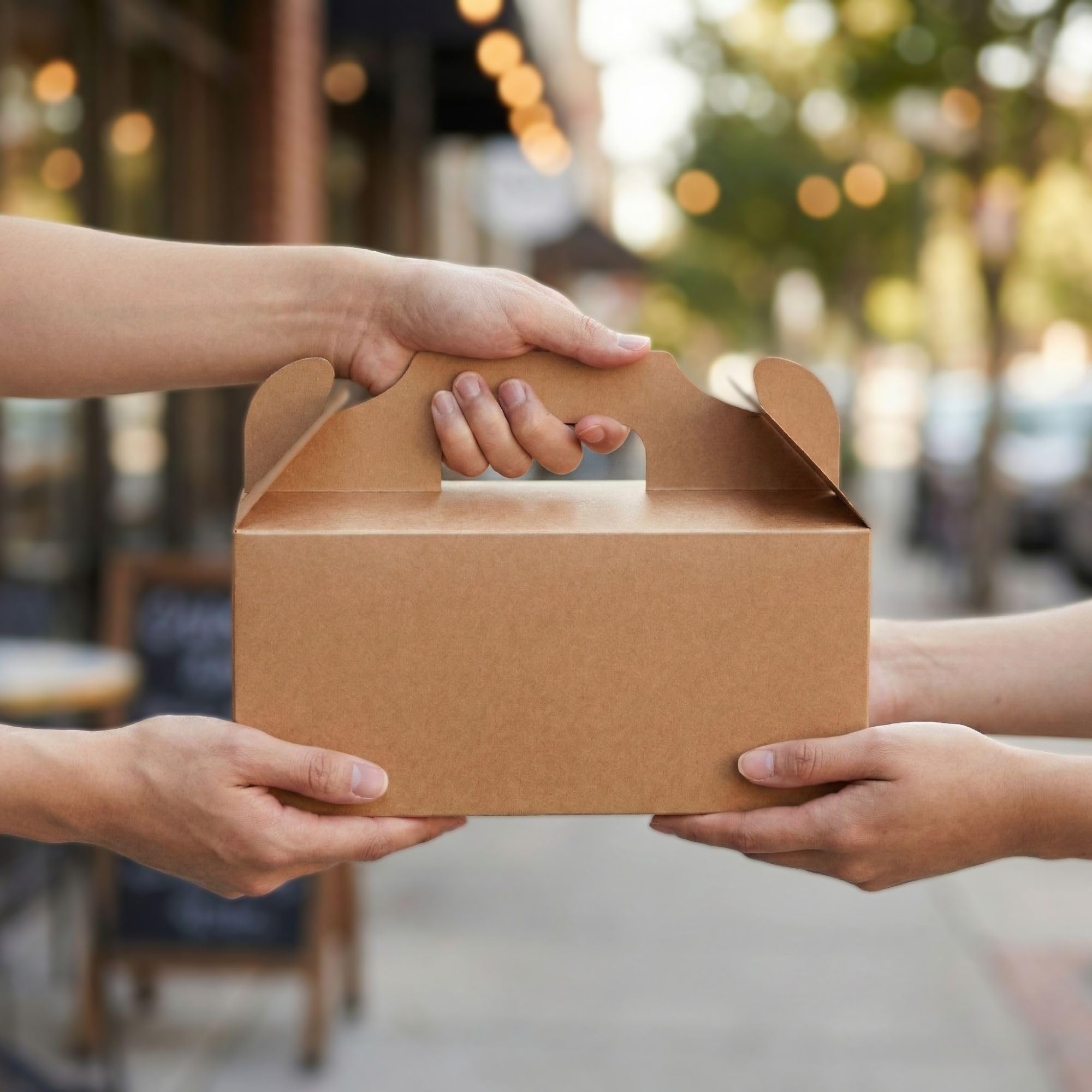 Restaurantware Bio Tek - Cajas de regalo de 10.2 x 5.9 x 6.9 pulgadas con asas, 100 cajas rectangulares a dos aguas, con pestaña segura, cajas de cartón kraft resistentes a la grasa, reciclables