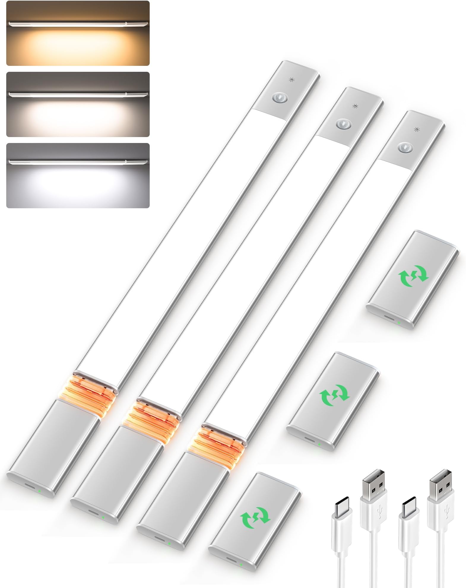 Under Cabinet Lighting, Motion Sensor Closet Lights with 3 Extra Batteries, 76 LEDs Dimmable Eye-Caring Rechargeable LED Lights, 3 Color Temps, Under Counter Lights for Kitchen, Wardrobe