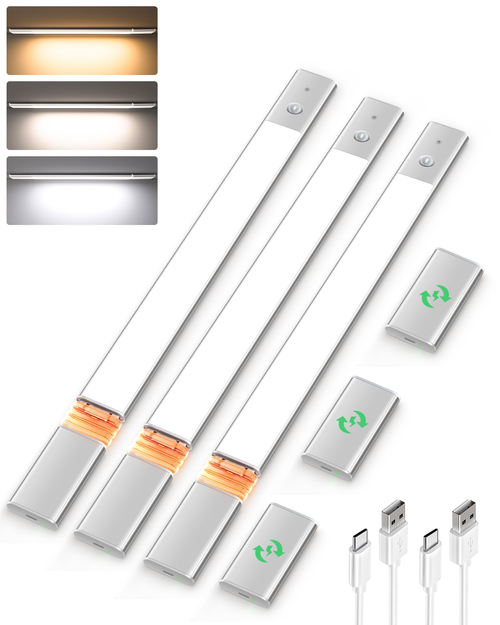 EZVALOUnder Cabinet Lighting, Motion Sensor Closet Lights with 3 Extra Batteries, 76 LEDs Dimmable Eye-Caring Rechargeable LED Lights, 3 Color Temps, Under Counter Lights for Kitchen, Wardrobe