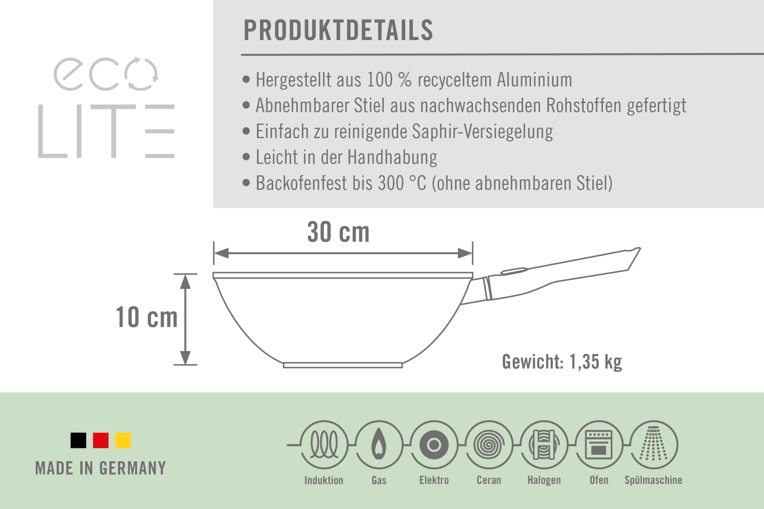 Woll Eco Lite QXR Wok- und Rührpfanne - Induktiv - Ø 30 cm, 10 cm hoch, mit abnehmbarem Stiel - Geeignet für alle Herdarten, PFAS-frei,100% recyceltes Aluminium, backofenfest, schwarz