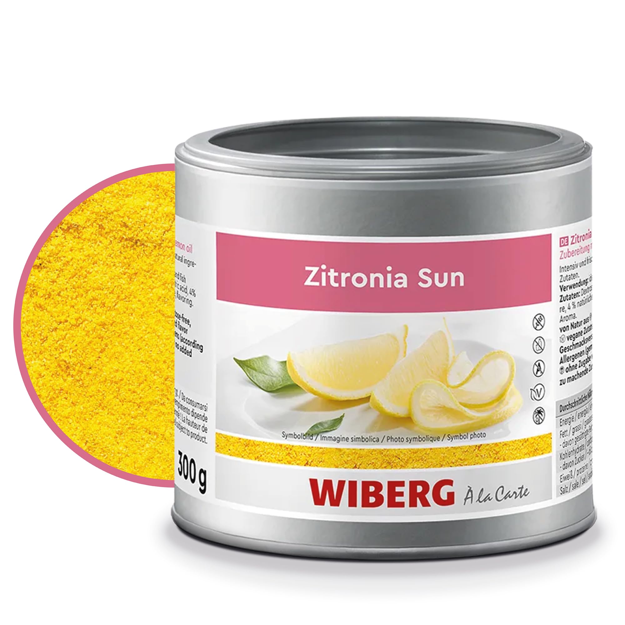WIBERG Zitronia Sun – Zubereitung mit natürlichem Zitronenöl – Intensiver Geschmack von Zitronen für Süßspeisen & Getränke, 300 g