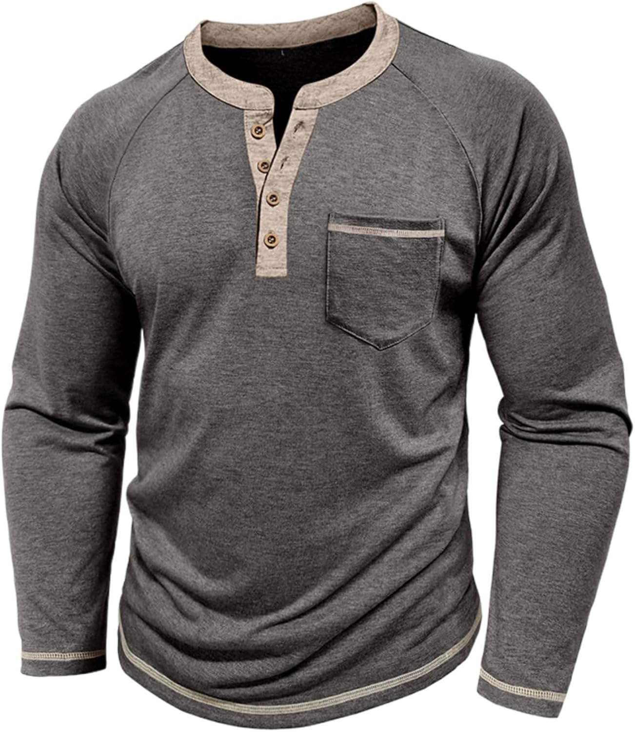 Mens Henley Shirts Long Sleeve Casual Button Basic T-Shirts Classic Vintage Tee Shirts with Pocket - Image 2