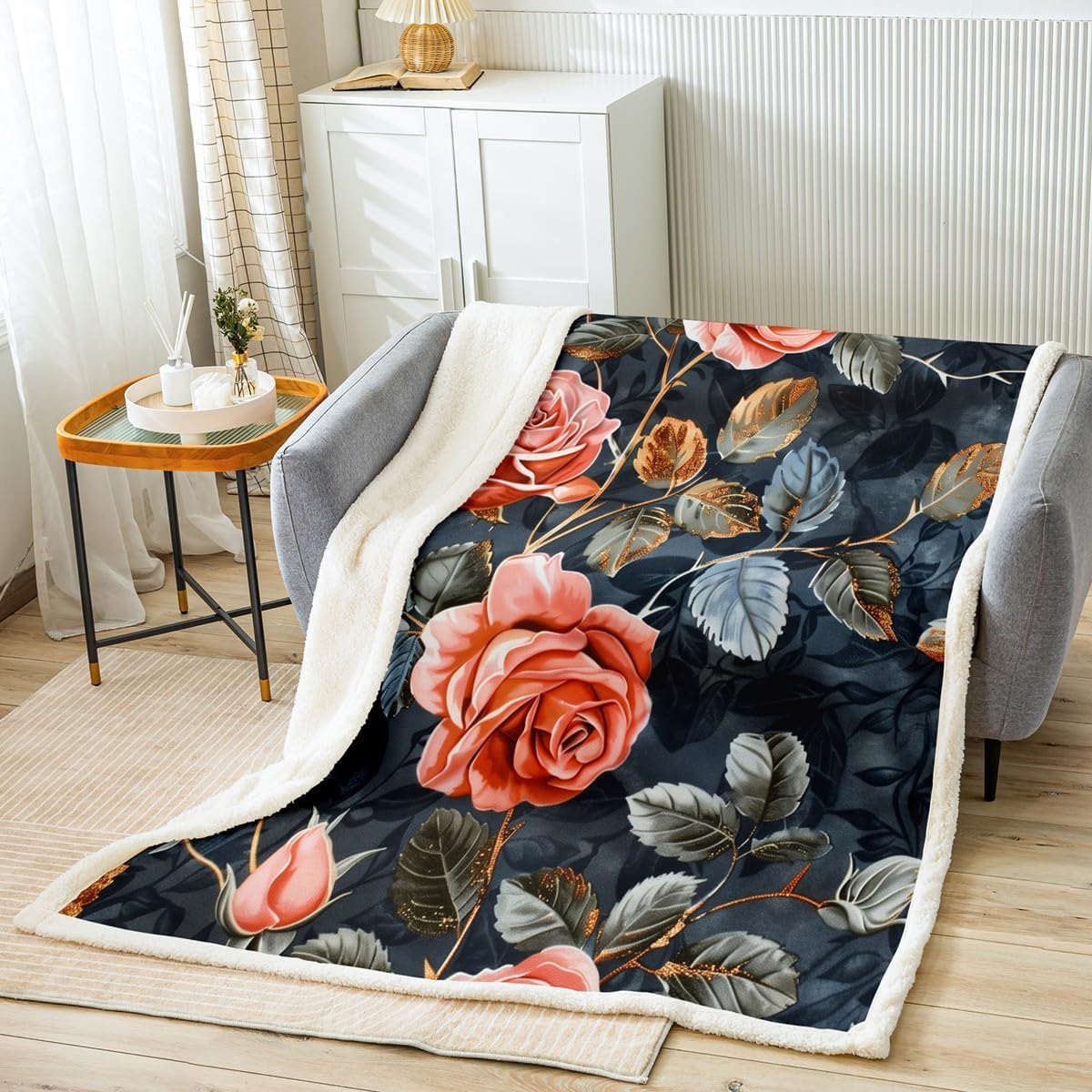 Feelyou Vintage Red Floral Sherpa Blanket Floral Botanical Flower Fleece Throw Blanket for Kids Adult Girls Plants Leaf Print Plush Blanket Romantic Black Fuzzy Blanket for Sofa Bed Couch 60"x80"
