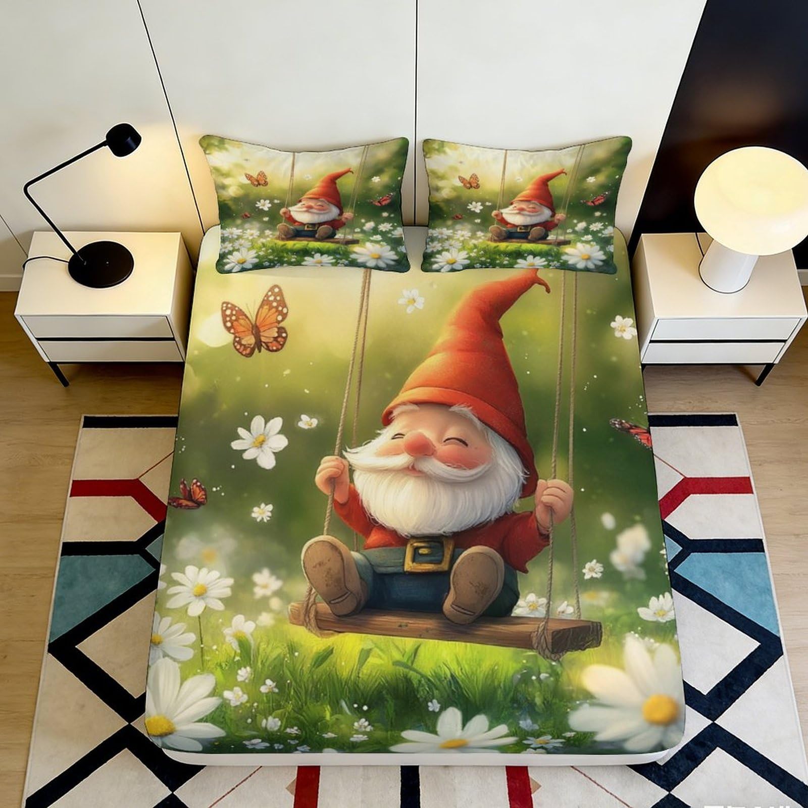 3D Printed Gnome Swing Fitted Sheet Microfiber Daisy Meadow Mattress Cover Anti-Slip Washable for Bedroom Guest Room Decor 200x200x25cm