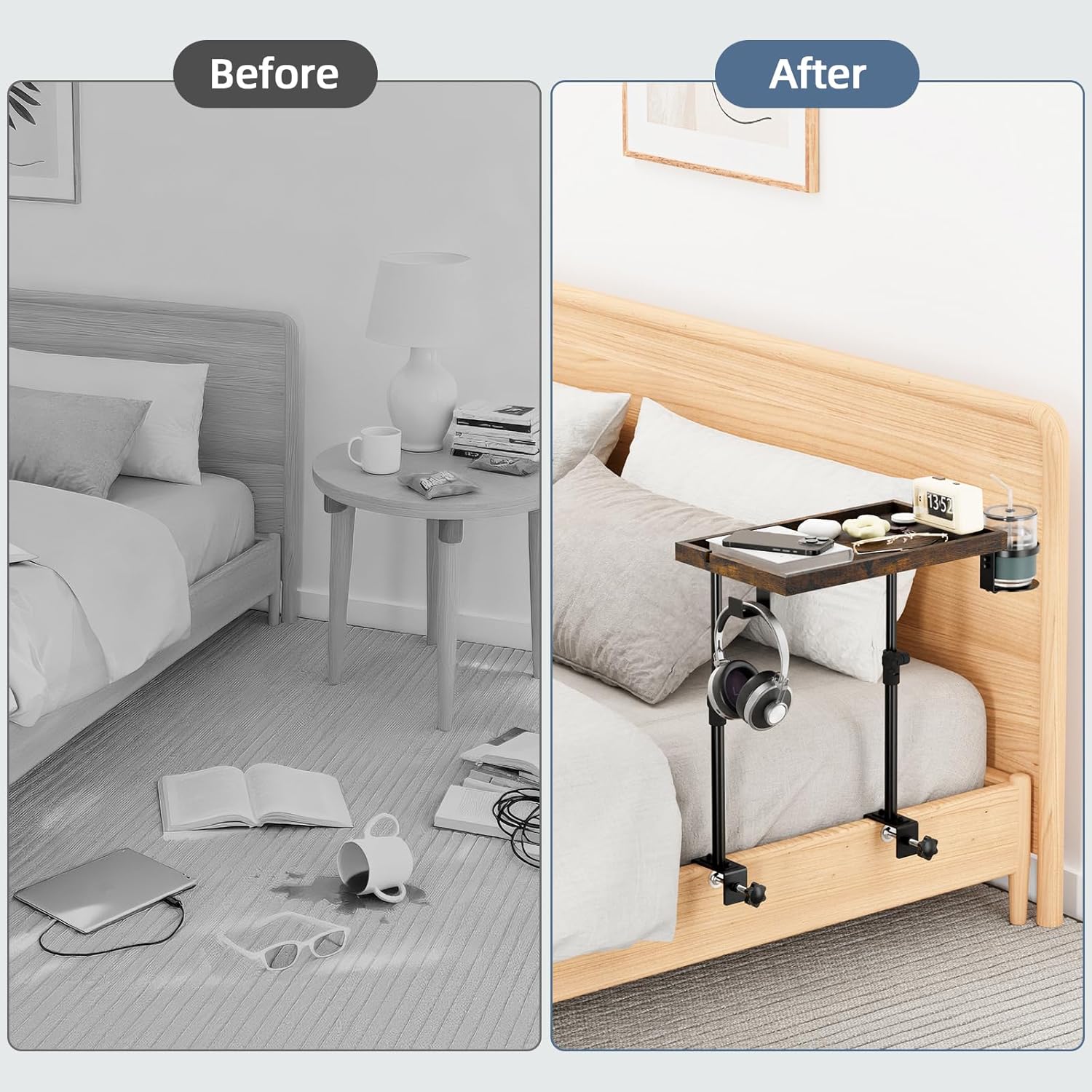 Clip On Bedside Shelf, Adjustable Bed Table with Cup Holder & Headphone Hook, Bed Tray for College Dorm, Bunk Beds, Space Saving Nightstand with Cable Management, Side Table Organizer for Bedroom