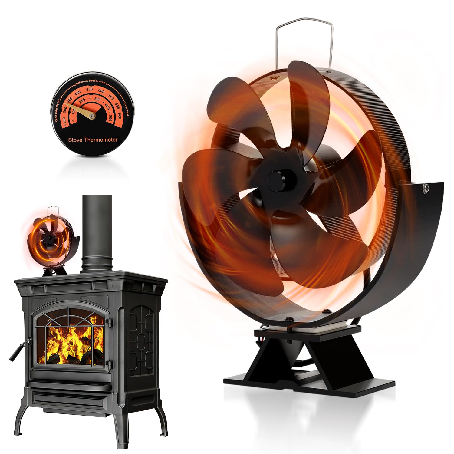 Kaminventilator 6 Blätter mit Thermometer, Ofenventilator Einstellbarer Winkel Ohne Strom Effiziente Kaminwerkzeug Lüfter Leiser für Kaminofen Kamin Holzofen, 18,5 * 11 * 21,5 cm