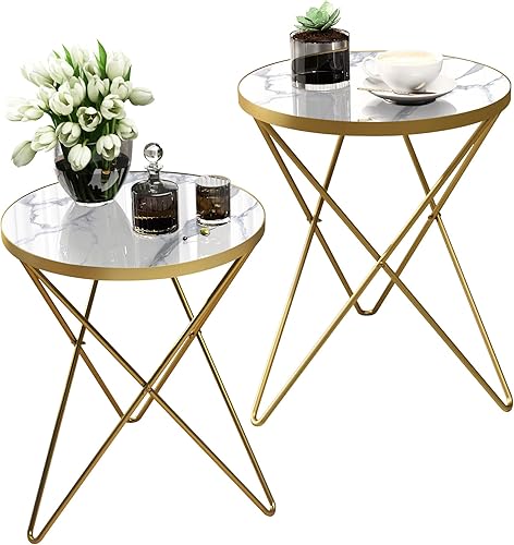 Miniatura 11 de HLR Juego de 2 mesas auxiliares redondas modernas, mesa auxiliar con parte superior de efecto mármol y marco de metal dorado, mesa auxiliar pequeña