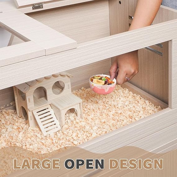 Large Hamster Cage, Wooden Hamster Cages and Habitats with Storage Cabinet and Openable Top Decorative Pet House Acrylic Panels for Hedgehog Gerbil and Rat (31.5 15.7 33.5)