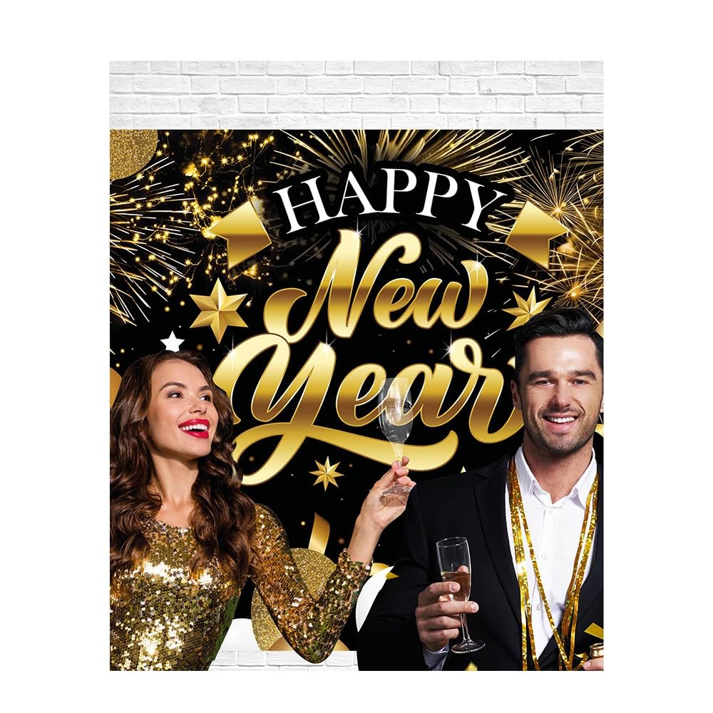 FIESTAS GUIRCA | Happy New Year Photo Booth Black and Gold (86.6x59.1 in) - New Year Party Decoration - Ideal for Themed Celebrations and Events - Black and Gold