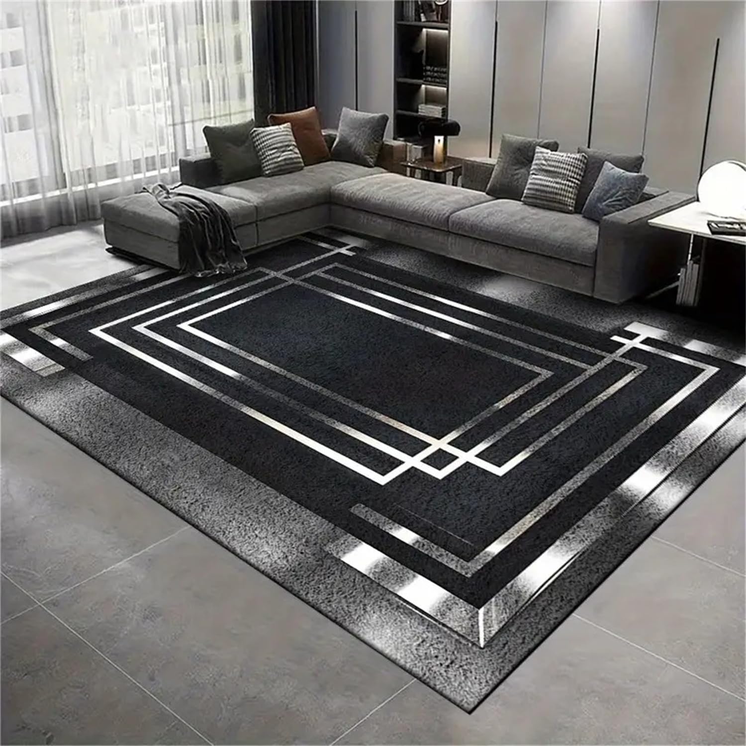 Geometric Area Rug, 60x90cm, Beautiful Geometric Indoor Large Carpet, Non-Slip Washable Black and Gray Modern Living Room Rugs, Minimalist Nordic Style Luxury Restaurant Kitchen Easy to Clean Rugs