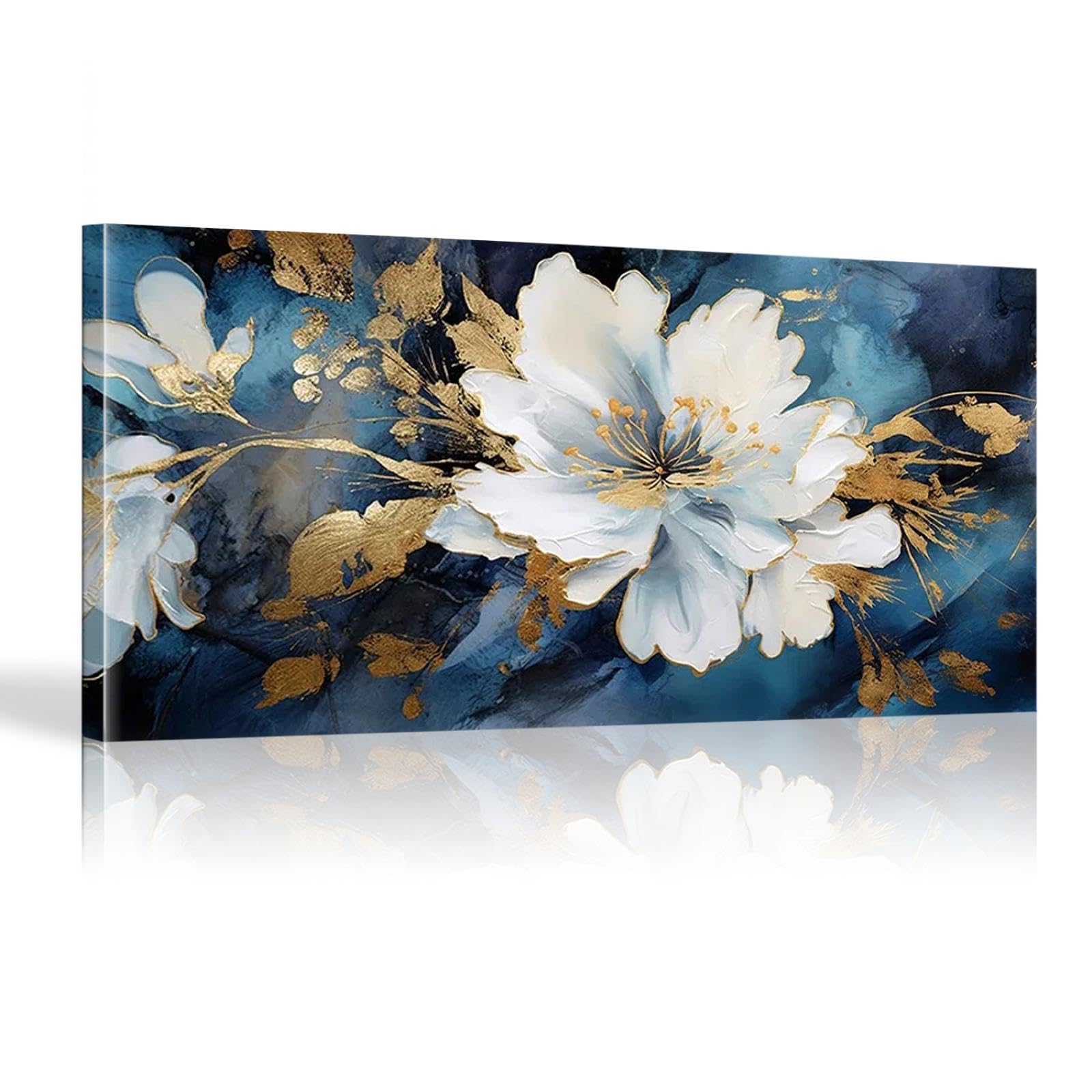 YIUEYI Oversized Artwork for Walls, Blue White Flower Boho Poster Wall Art - Canvas Painting Print Picture Living Room Interior Decor 20x40cm(8x16in) with frame