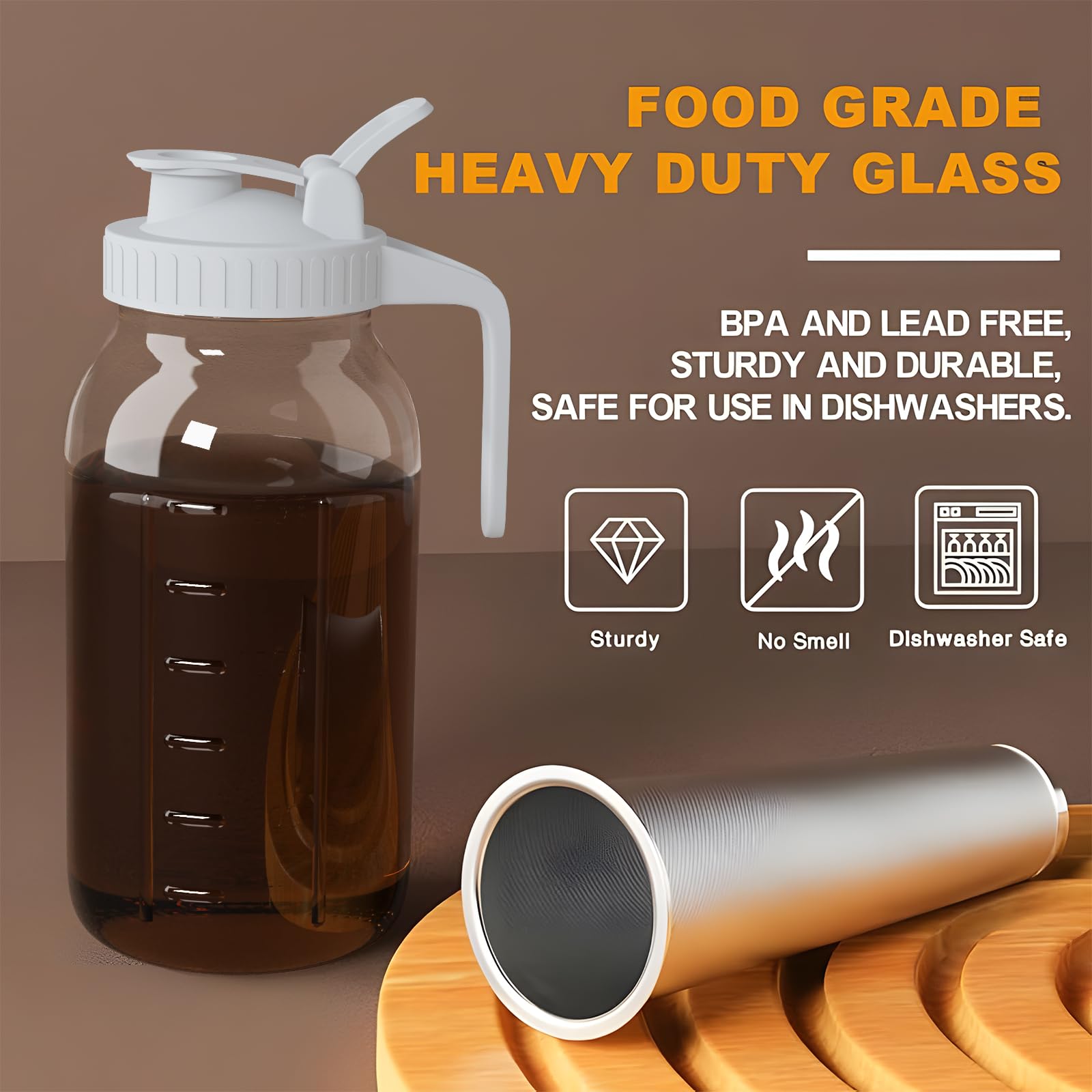 Cold Brew Coffee Maker Pitcher, 32 oz Thick Glass Mason Jar Spout Lid with Handle & Stainless Steel Filter for Iced Brew Coffee, Ice Lemonade, Sun Tea, Fruit Drinks Container: 64 Ounces White