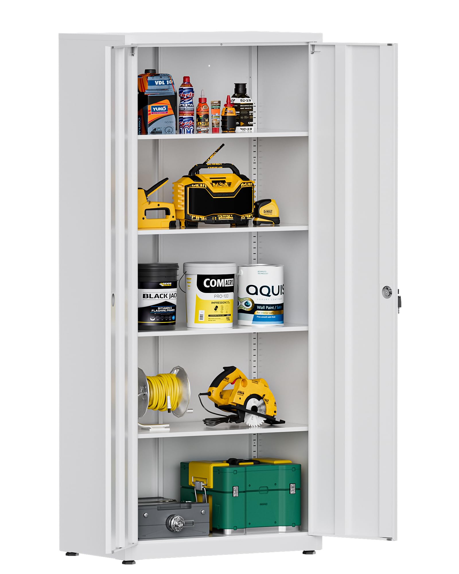 Armoire Métallique 181.5×80×40 cm, Meuble de Rangement de Bureau, 4 Étagères Réglables, avec Serrure, 4 Clés, Adapté aux Bureaux, Garages et Chambres, Blanc