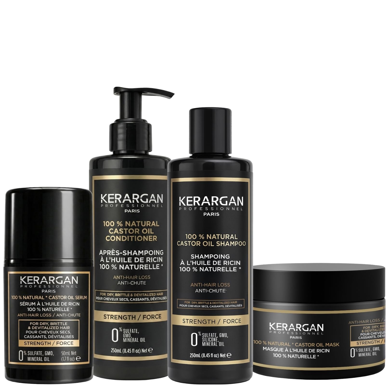 KERARGAN - Rizinusöl 4er Haarpflege-Set gegen Haarbruch - 3x250ml+50ml | Shampoo, Conditioner, Haarmaske und Haarserum, komplette Routine zum Pflegen, Stärken und Schützen