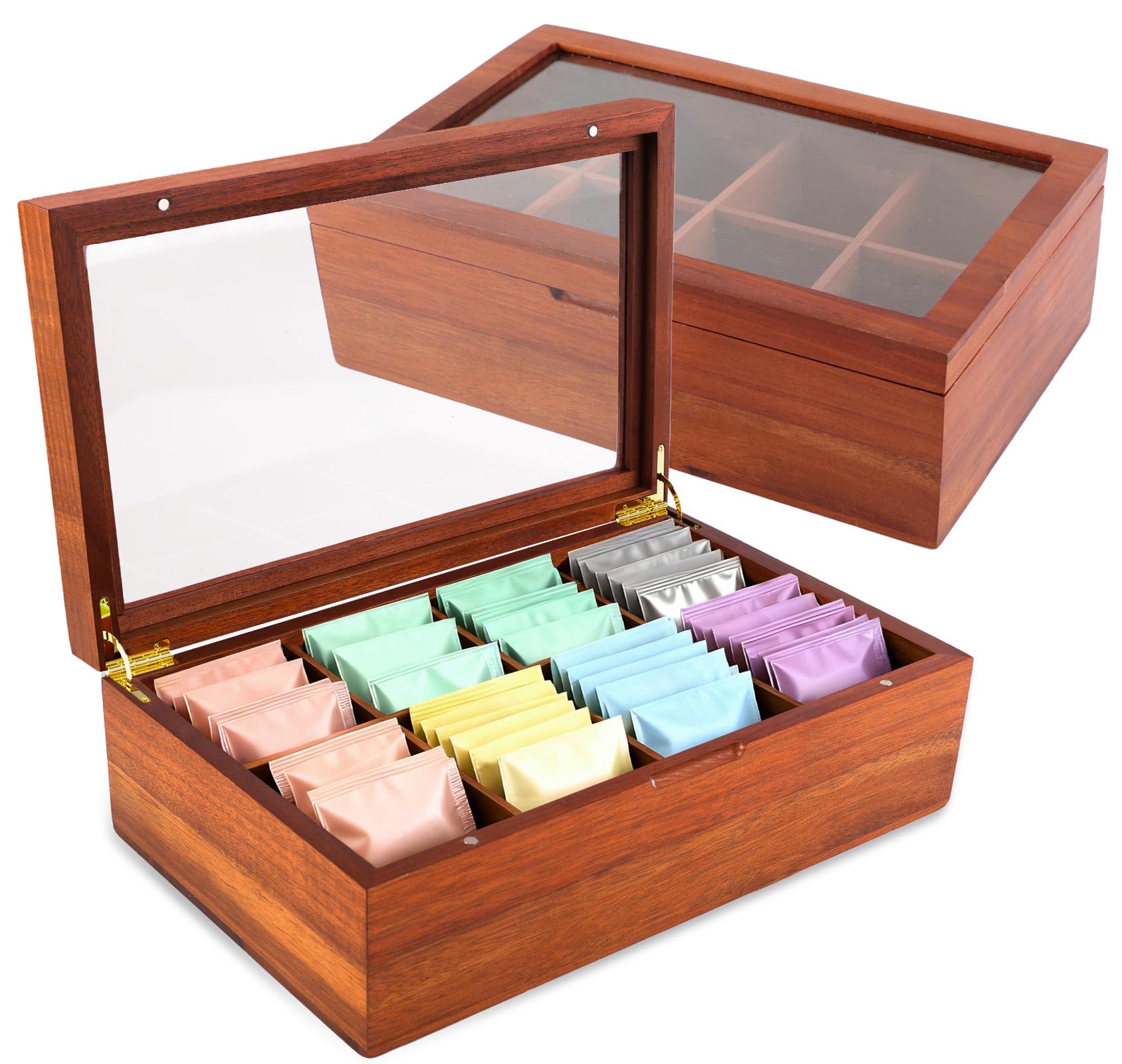 LANNEY Tea Bag Organizer - Acacia Wooden Tea Box Organizer Storage Box, Bag Holder Container with 8 Removable Compartments, Clear Window and Magnetic Lid for Coffee Sugar Countertop Kitchen Cabinet