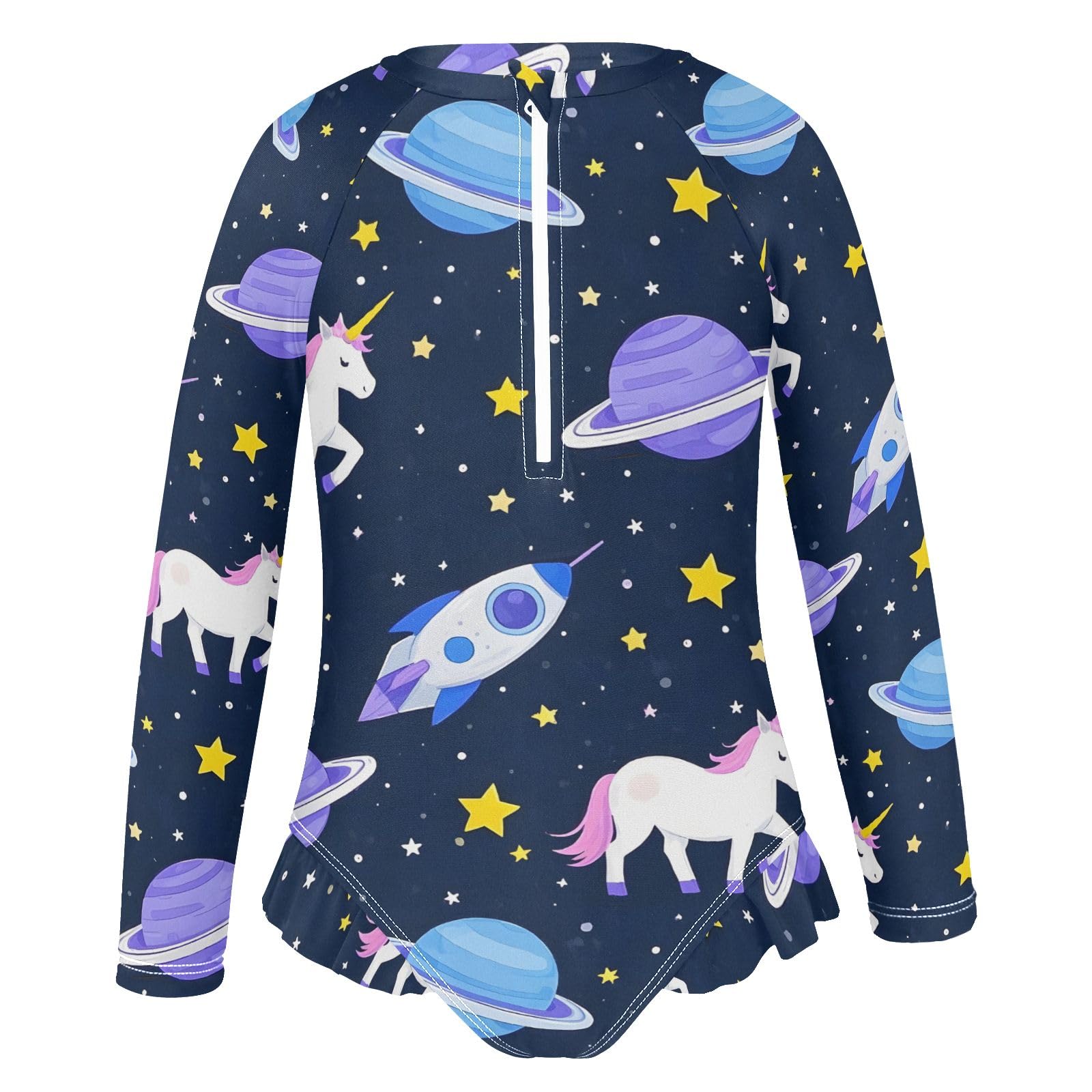 ALAZA Swimsuit for Girls Long Sleeve Rashguard Bathing Suit Cartoon Planet Rockets Quick Dry 4T