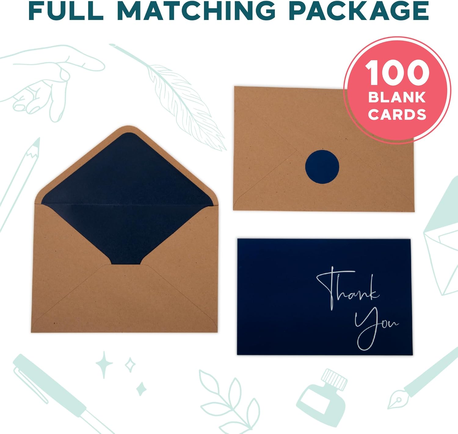 VNS Creations Thank You Cards With Envelopes Bulk Set & Stickers - 100 Pack 4x6 Blank Thank You Notes Bulk Box Set - Large Note Card Small Business, Wedding, Baby Shower & Bridal Shower - Navy Blue - Image 4
