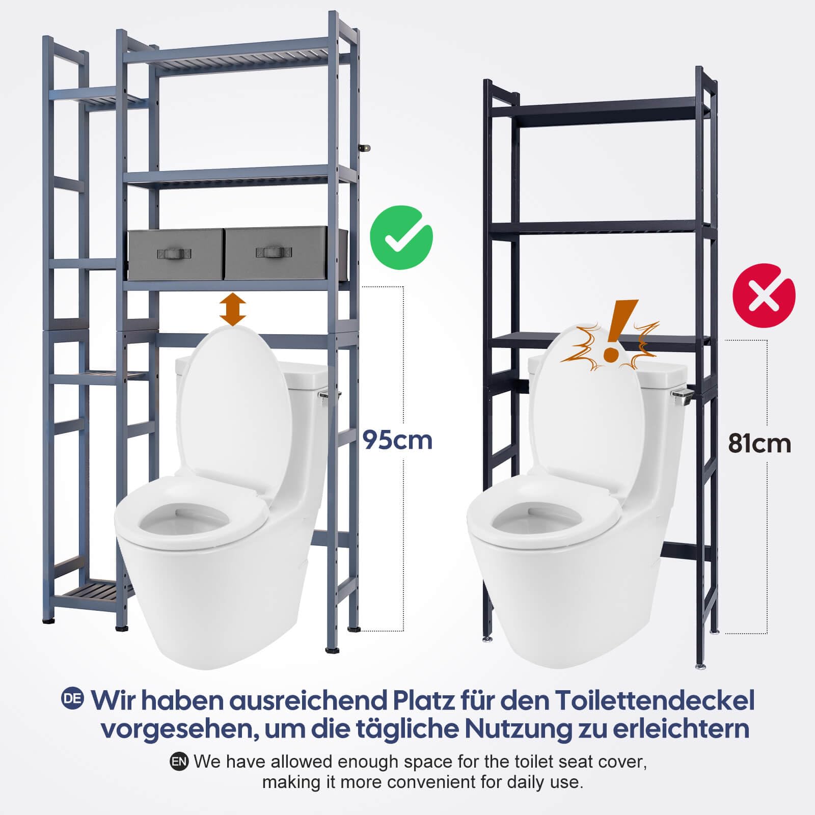 Yorbay Toilettenregal mit 2 Körben, Bambus WC Regal, 3-stöckiges Verstellbar Badregal mit Wasserdichtes Fußpolster, Multifunktional Badezimmerregal, Platzsparend, Einfache Montage (Grau)