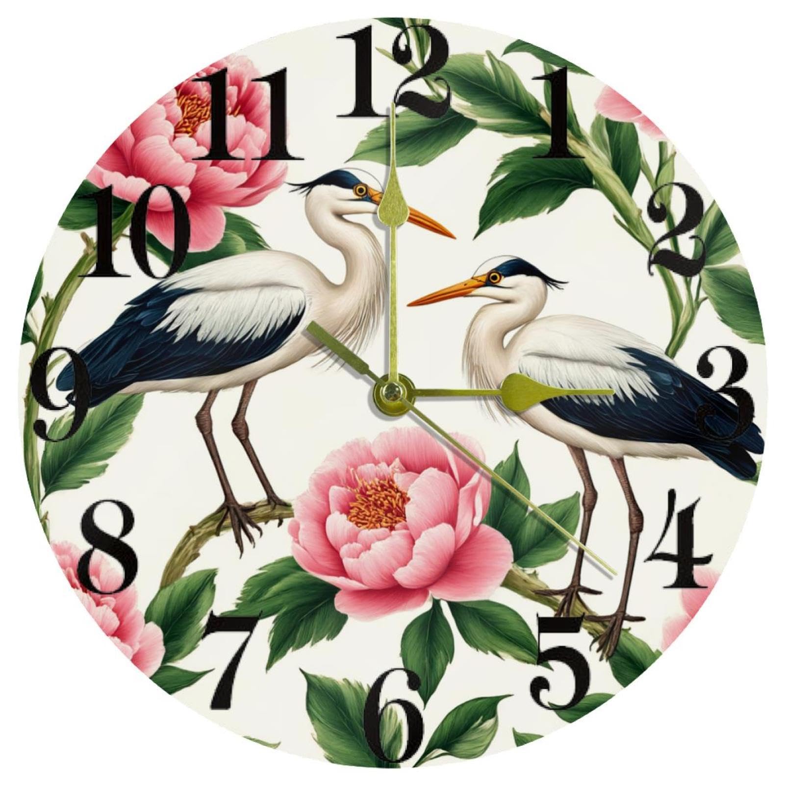 Horloge murale hérons debout branches de pivoine, pendule silencieuse à piles pour maison