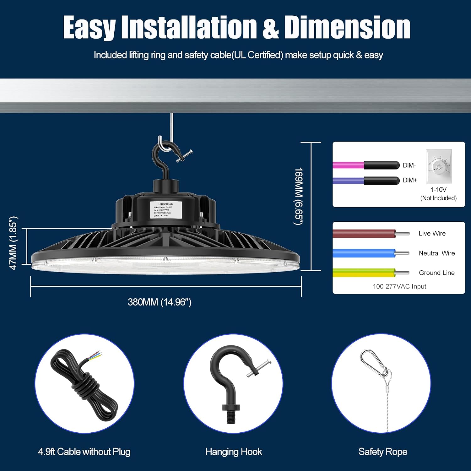 BBESTLED 6 Pack LED High Bay Lights 240W 33,600LM 5000K, Dimmable UFO LED High Bay Shop Light, UL Listed, IP65 Waterproof Commercial Warehouse Lights for Gyms Garage Workshop Barn Factory