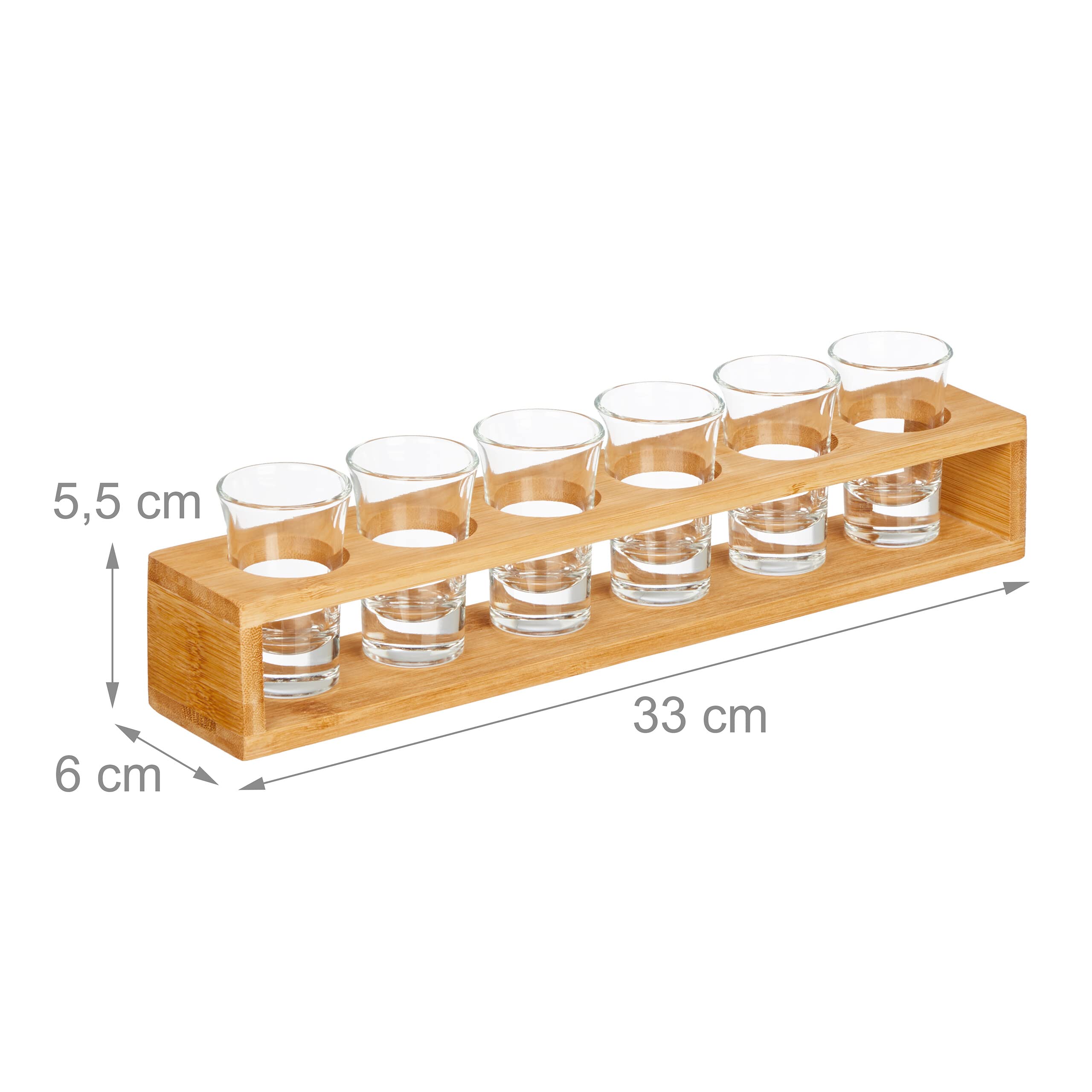 Relaxdays Deska do wódki z 6 kieliszkami do wódki, 4 cl, deska do wódki z bambusa, pomysł na prezent, uchwyt na kieliszek do wódki, naturalna