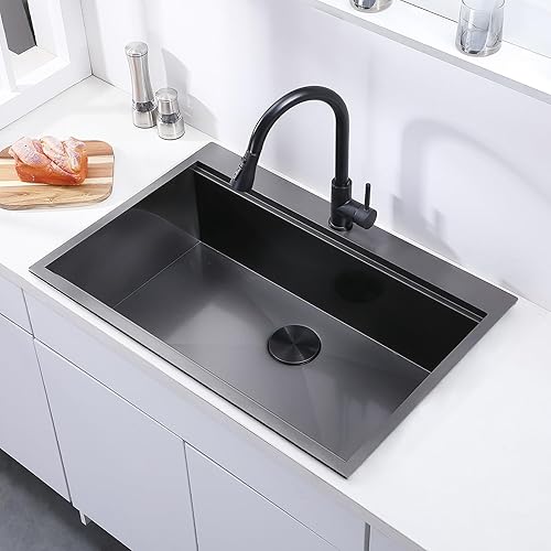 Miniatura 2 de VAPSINT Fregadero de cocina negro empotrable de 28 pulgadas, fregadero de cocina de acero inoxidable calibre 16 negro metálico de montaje superior,