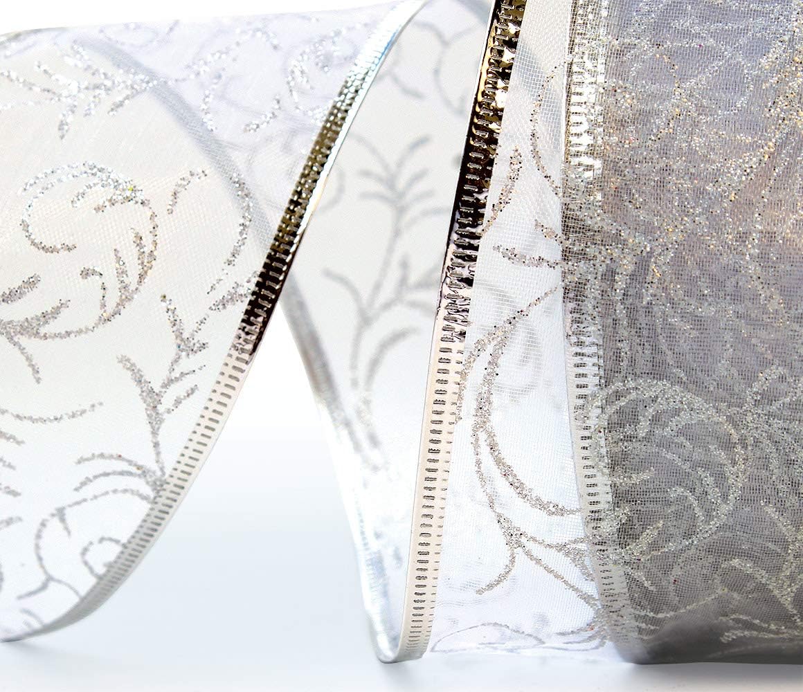 Wire Edged Ribbon Silver Sheer Organza Gift Wrap Ribbon Metallic Wired Trim & Glitter Decorative White 50 Yards x 2.5 inch Wide 1 Roll Large : Health & Household