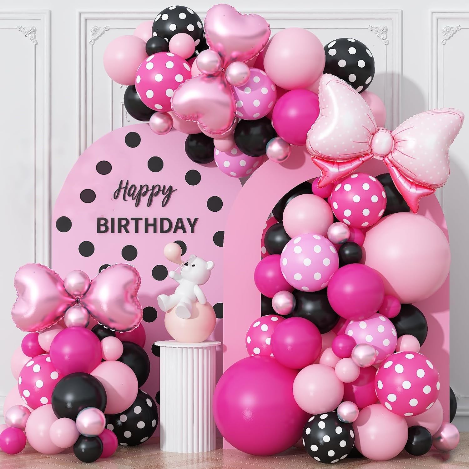 Pink and Black Balloons Arch Balloons Garland with Bow Heart Foil Balloon Cartoon Mouse Birthday Party Decorations Pastel Hot Pink White Dot Latex