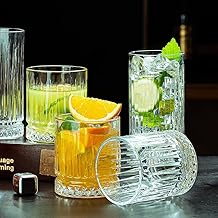 Manraj Tall Highball Glasses Set of 6, Textured Design Glassware for Drinking Water, Beer, or Soda, Trendy and Elegant Dishware, Dishwasher Safe (Hiball) (255 ml) (Short)