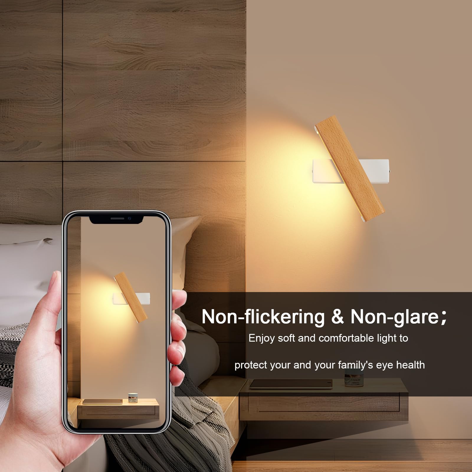 DELIPOP Applique da Parete Interno, 360° Girevole Lampada da Parete in Legno, 3000K Bianco Caldo Lampada da Muro LED per Camera da Letto Soggiorno Corridoio