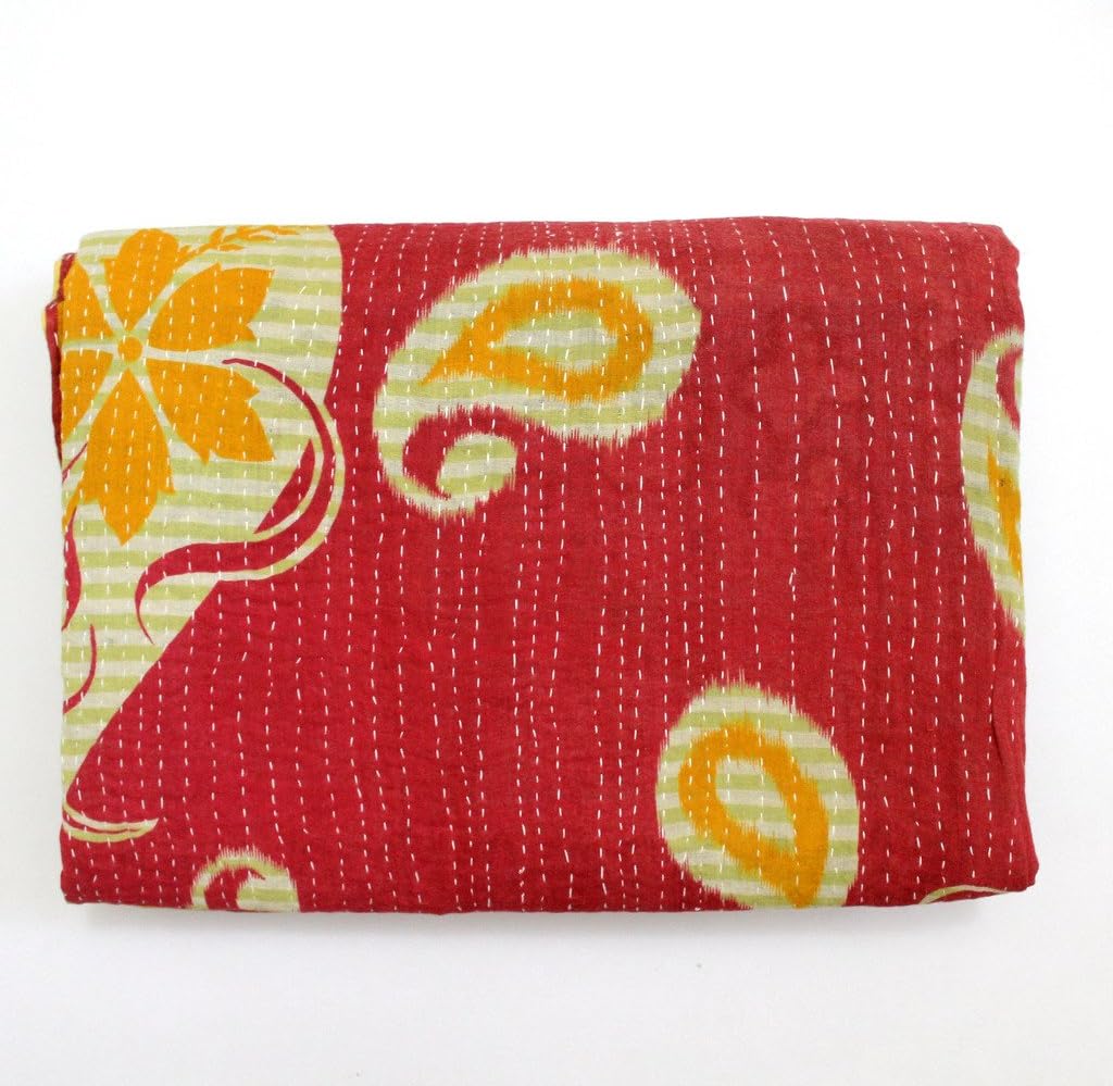 Vintage Throw Kantha Quilt Indian Handmade Bohemian Bedspread Reversible Cotton Ethnic Sari Fabric Embroidered Bedding Blanket Gudari