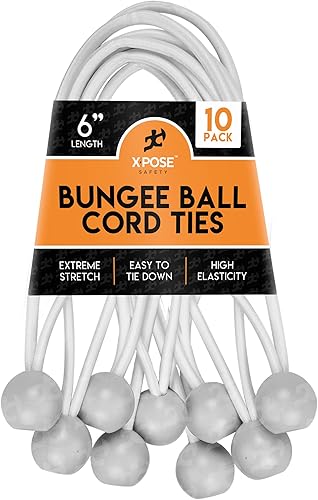 Xpose Safety Cuerdas elásticas de bolas de 6 pulgadas, paquete de 10 cuerdas elásticas blancas resistentes con lazos de bola para toldos, lonas,