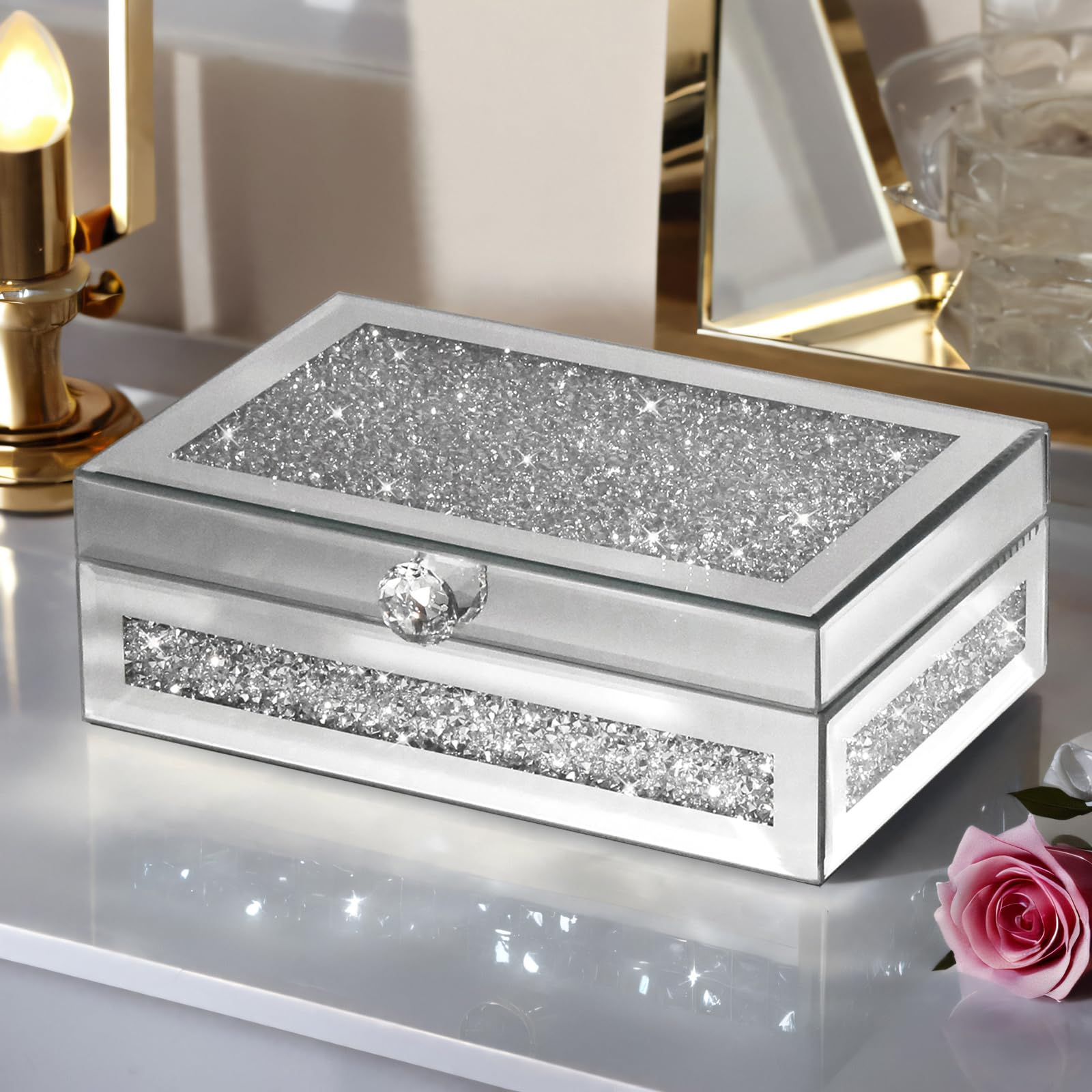 Boîte à bijoux miroir avec couvercle, surface en verre argenté écrasé, boîte à bijoux miroir en strass pour femme, idée cadeau (23,6 x 15,7 x 8,1 cm)