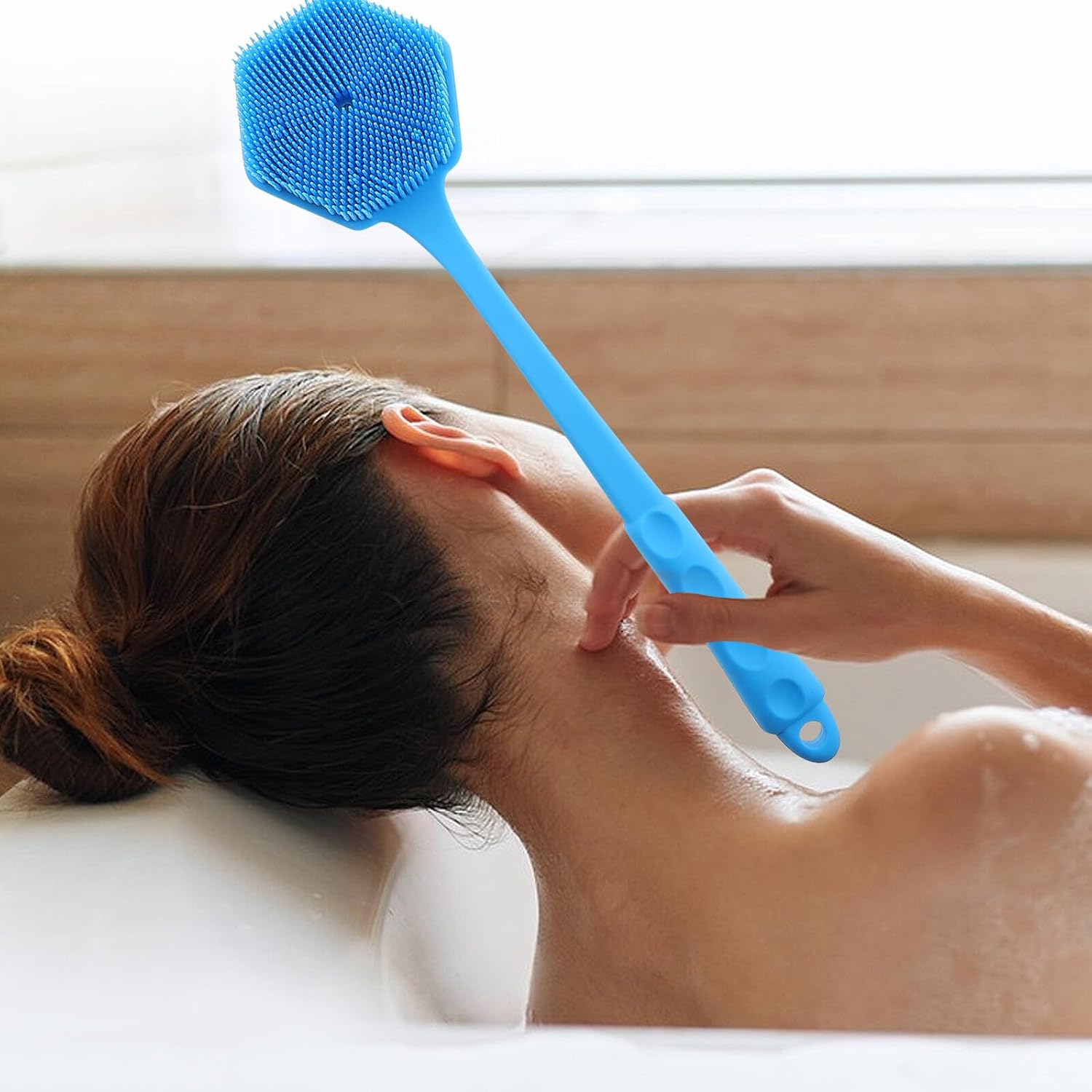 Silicone Long Handle Back Scrubber Double-Sided Bath Brush with Soft Blue Bristles Gentle Exfoliating Massage Body Scrubber for Men and Women Shower Cleaning