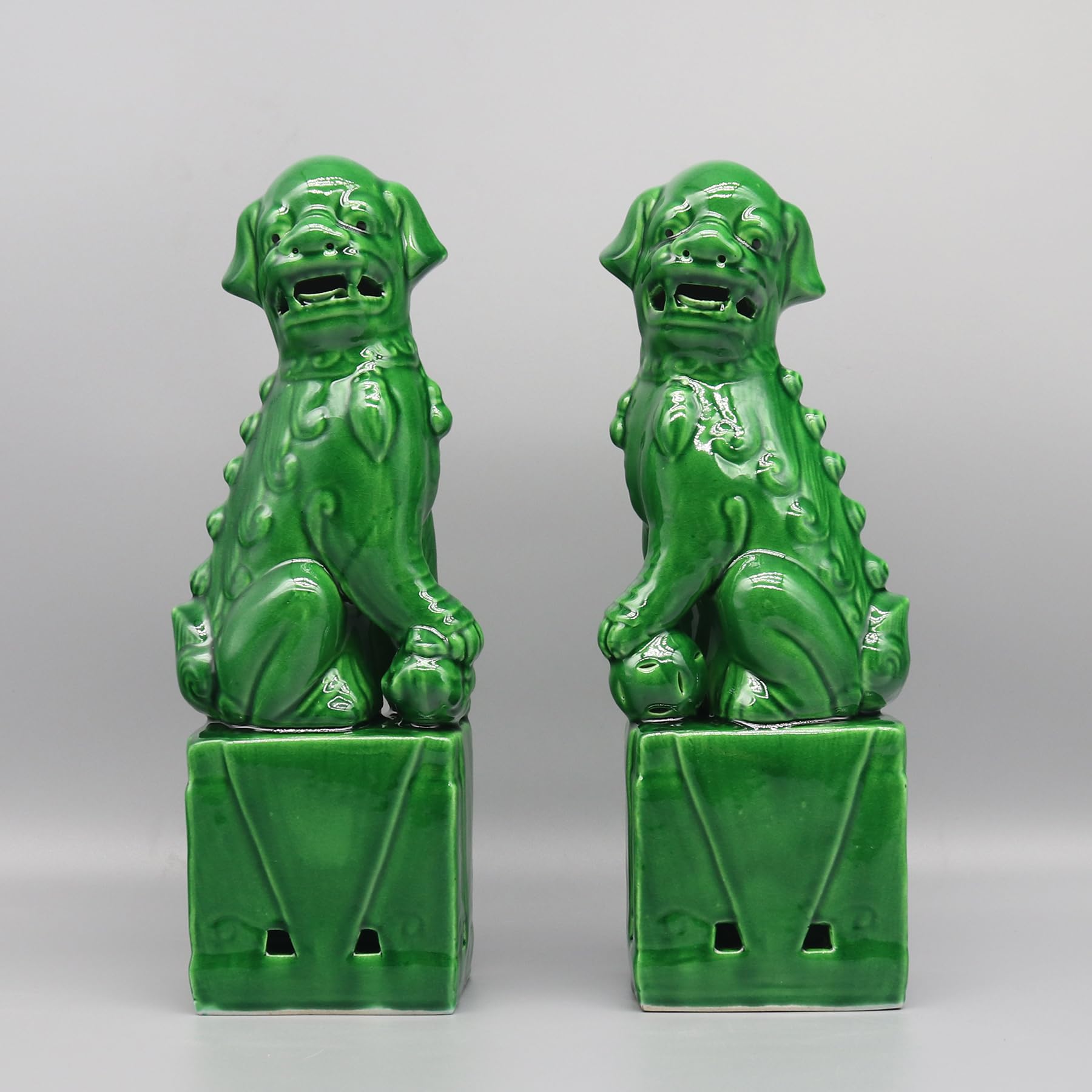 Eastern Tide Grass Green Chinese Foo Dog Statues, Ceramic Guardian Lions, Traditional Temple Figurines, Set Of 2 (Grass Green)