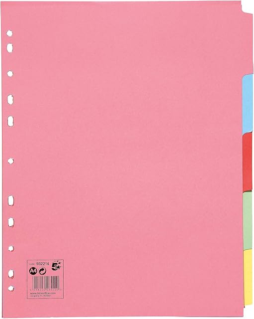 5 Star Subject Dividers Multipunched Manilla Board 5-Part Extra Wide A4 Assorted [Pack 10]