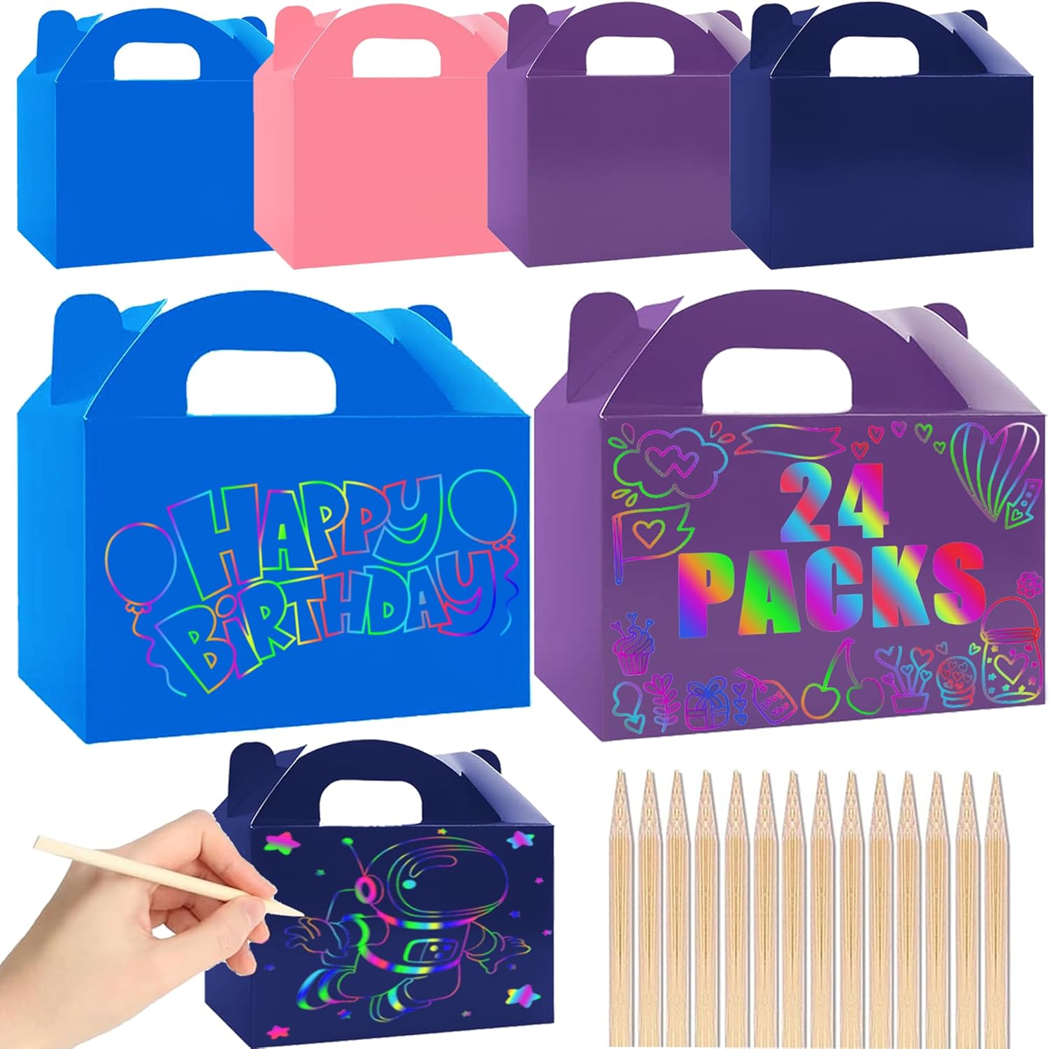 (Pack of 2)Dhseinat 24 Pack Rainbow Scratch Party Favors Gable Treat Boxes Scratch Art Boxs Scratch Gift Boxs DIY Color Your Own Gift Boxes For Birthday Party Favors for Birthday Graduation, Class Party,Activity Craft