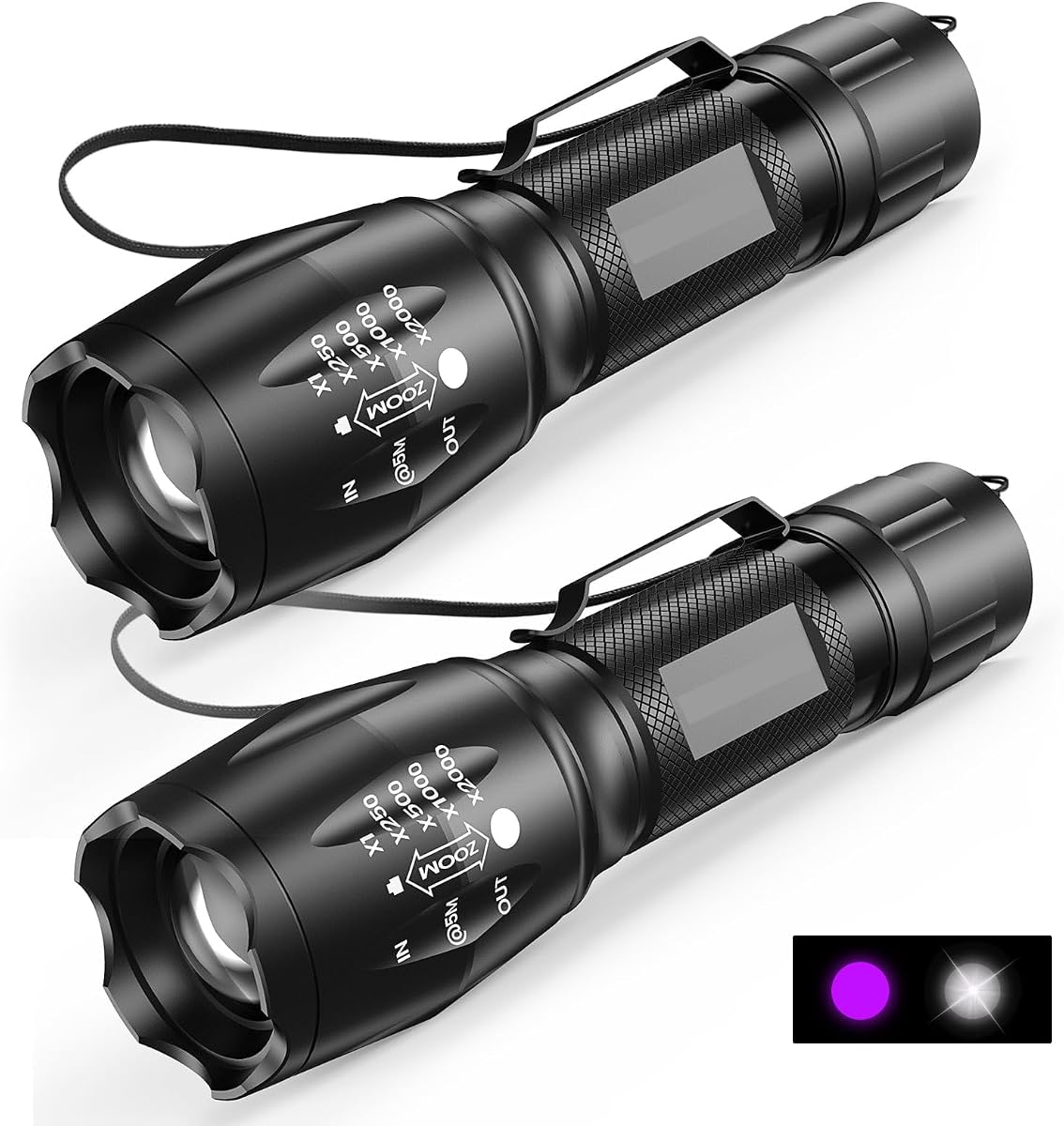 2Pack UV Flashlight with 395nm Black Light & White Light | Dual Sources, Portable, Zoomable, Pet Urine Detector for Dog Cat Pee, ID Check, AC Leak, Resin, Scorpions