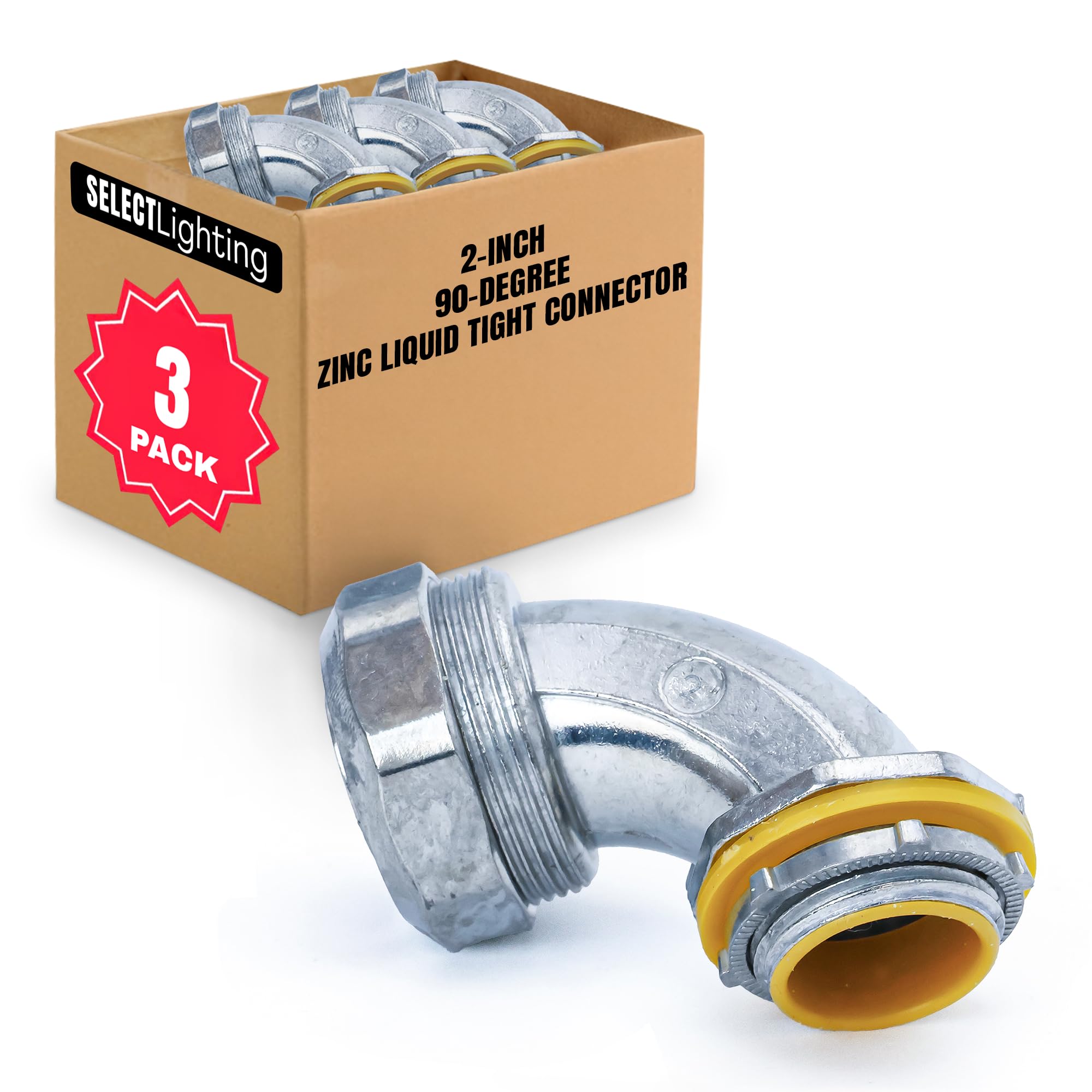 SELECT 3 Pack Lighting 90-Degree Zinc Liquid Tight Connector, 2 Inch Electrical Connectors, Conduit Fittings, Safe and Rust Resistant