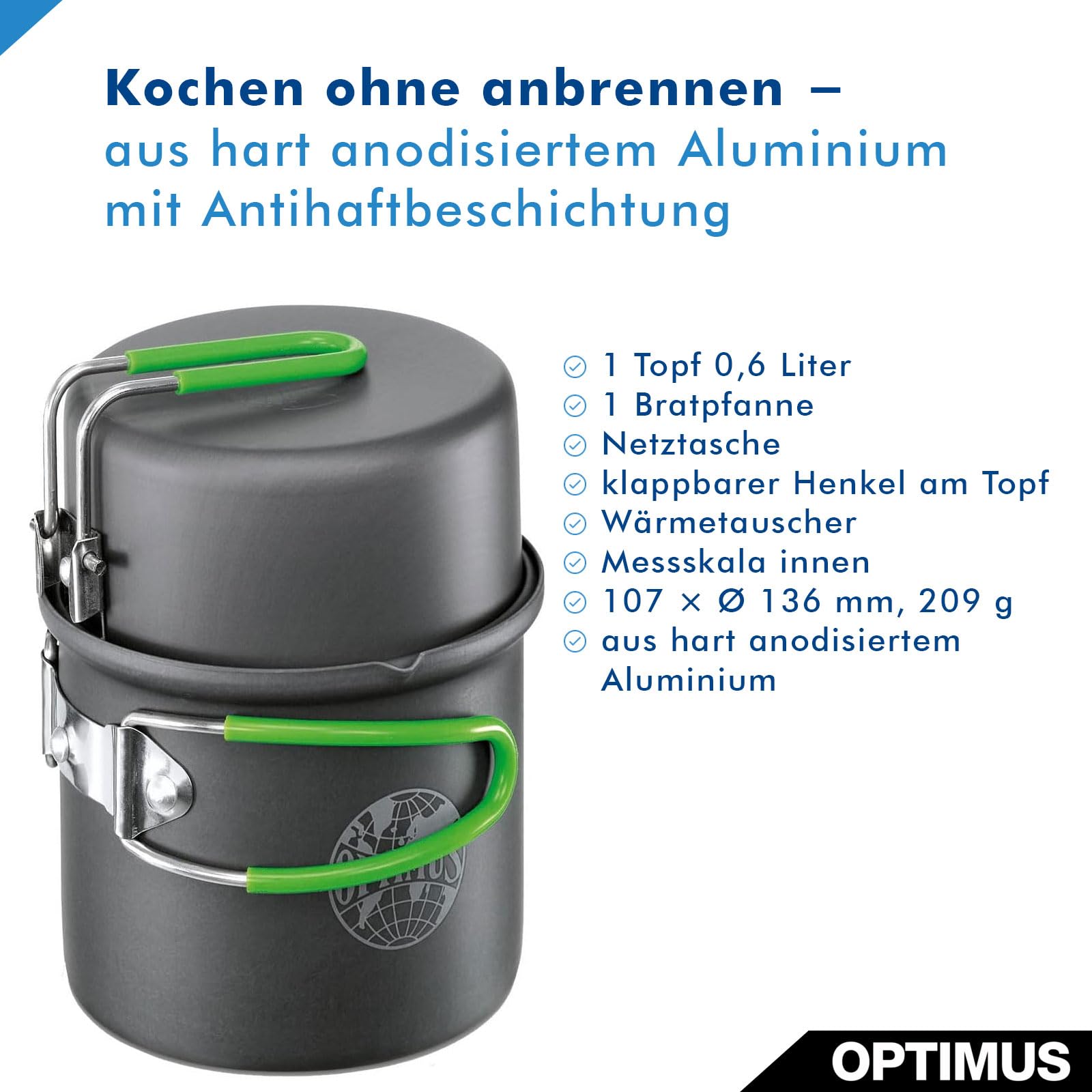 Optimus Terra Solo Kochset – Ultraleichtes 0,6 L Camping Kochgeschirr mit Wärmetauscher & Antihaftbeschichtung | Für 1 Person | 209 g | Aluminium | Kompakt & robust