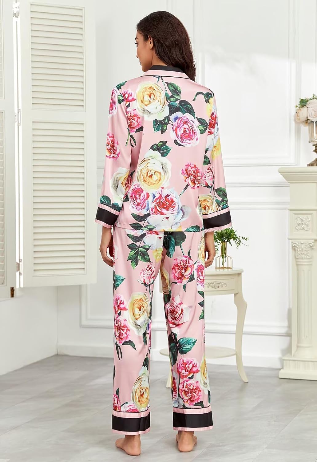 Brosloth Womens Silky Pajamas Floral Print Satin Pajama Set Long Sleeve Button Up Soft Sleepwear Cute Pj Sets - Image 5