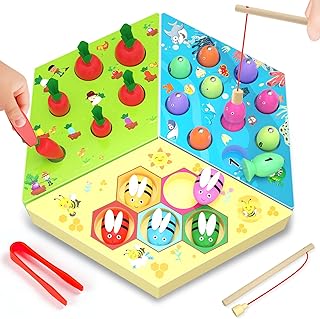 Wooden Montessori Toys for 3 4 5 Old Boys Girls, Wooden Magnetic Fishing Game, Carrot Harvest Game, Bee Color Sorting Fine Motor Skills Educational Learning Toddler Wooden Toys Gifts for 3-5 Year Old