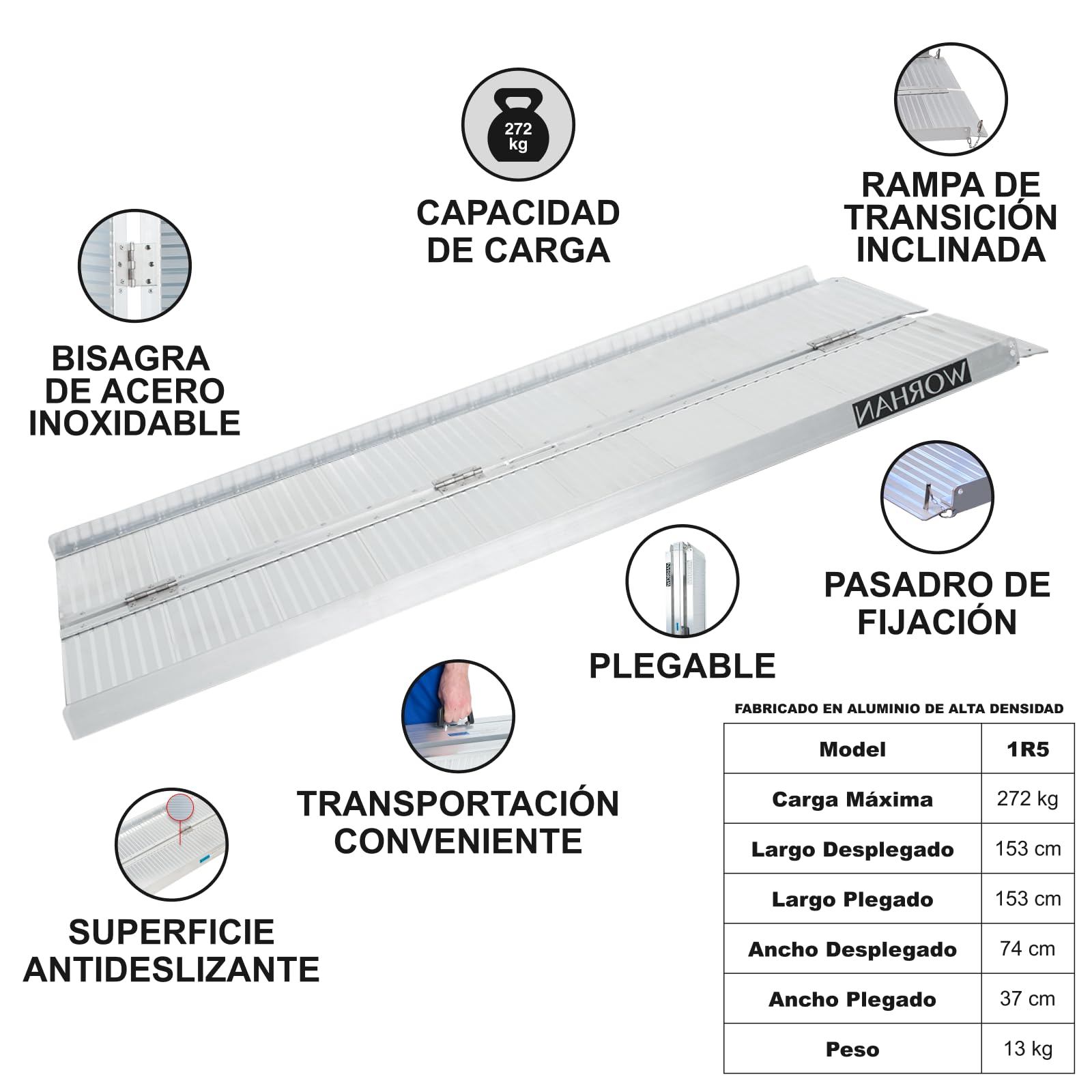 Rampa Plegable Carga Silla de Ruedas Discapacitado Movilidad Aluminio Anodizado (153cm Solo Pliegue) 1R5